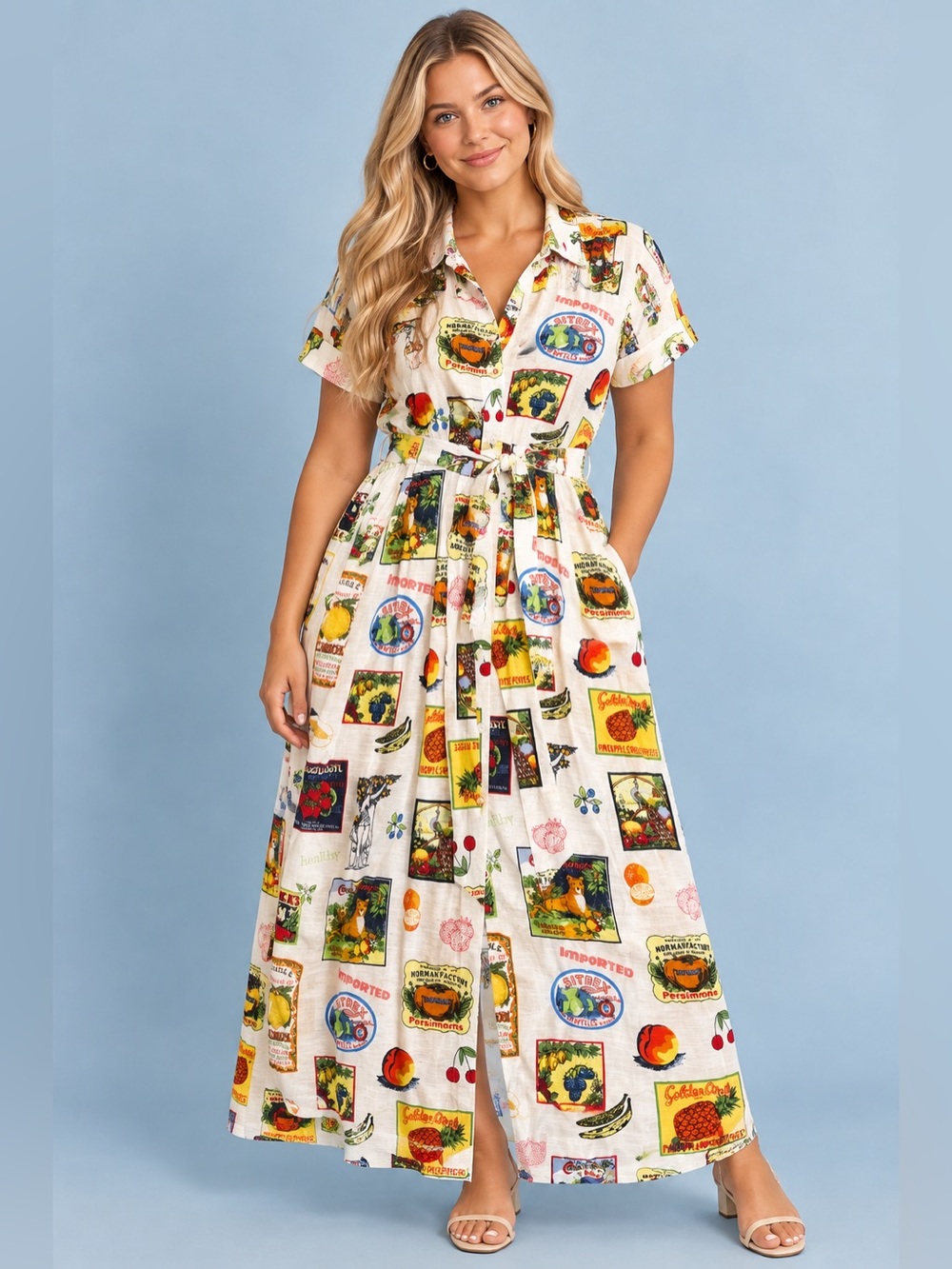 Anthropologie x JANE + DELANCEY Fruit Print Shirt midi Dress